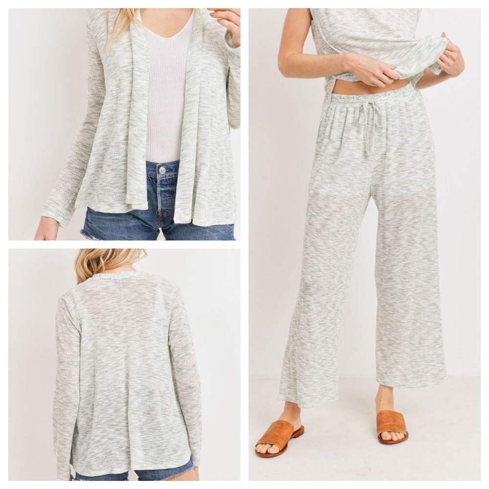 Sage green & white casual cropped pant & cardigan set lined pant knit open front